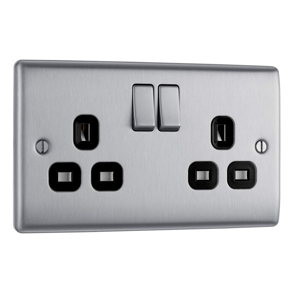 Bg Electrical Double Switched Power Plug Wall Socket, Nexus Metal, Brushed 32183467