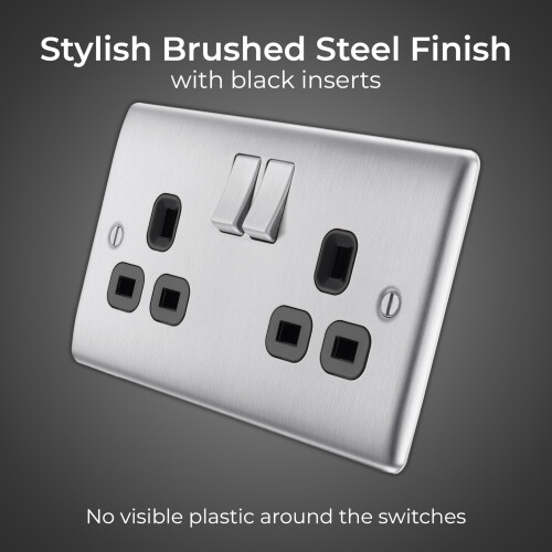 BG Electrical Double Switched Power Plug Wall Socket, Nexus Metal, Brushed 1