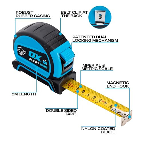 OX OX Pro Dual Auto Lock Tape Measure , 8m, Blue 1