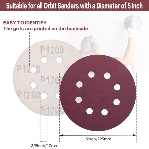 STEBRUAM 100PCS 125mm Sanding Discs 1200 Grit, 5 Inch 8 Hole Hook and Loop 1