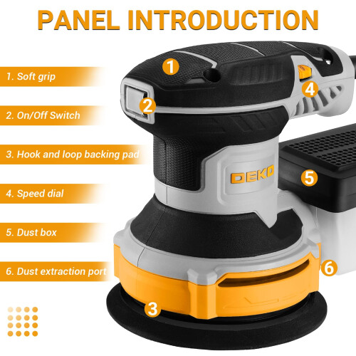 DEKOPRO Random Orbit Sander 300W with 16Pcs Sandpapers, 6 Variable Speed 1