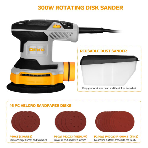 DEKOPRO Random Orbit Sander 300W with 16Pcs Sandpapers, 6 Variable Speed 2
