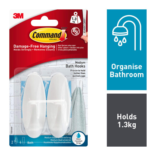 3M Command Bath Designer Hooks, White, Water Resistant , 2 Medium Hooks and 4 1