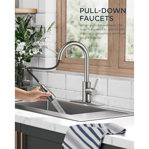 FORIOUS Kitchen Faucet with Pull Down Sprayer, Brushed Nickel, High Arc 1