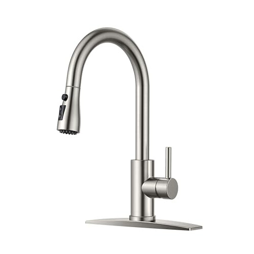 FORIOUS Kitchen Faucet with Pull Down Sprayer, Brushed Nickel, High Arc