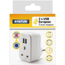 STATUS, UK, EU, European, Plug, USB, Port, Adapter, Pin, Travel, Adaptor, White