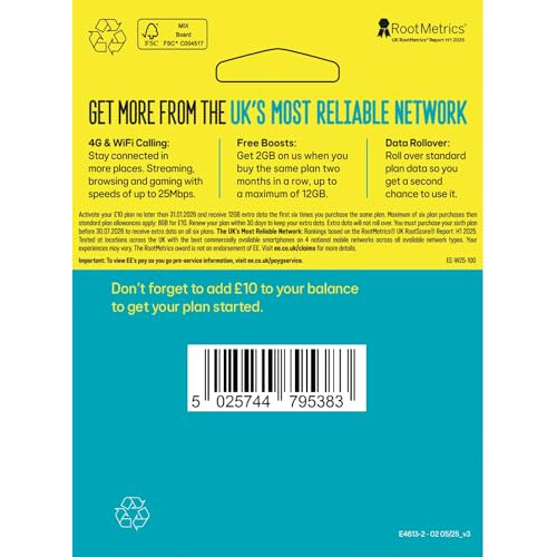 EE EE, PAYG, Data, Sim, Includes, Minutes, Unlimited, Texts, 10, pre-paid, credit, 20GB 1