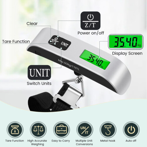 Brencco, Electronic, Luggage, Scales, Portable, Lb, Suitcase, Backlit, LCD, Screen, Tare, Function 2