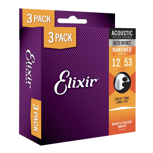 Elixir, Strings, Acoustic, Guitar, Bronze, NANOWEB, Coating, Longest-Lasting, Bright, Focused, Tone, Comfortable