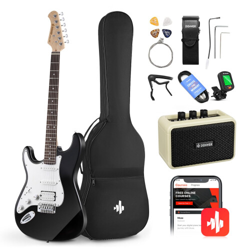 Donner, Inch, Left-Handed, Electric, Guitar, Solid, Body, Black, Lefty, Beginner, Full-Size, Amplifier