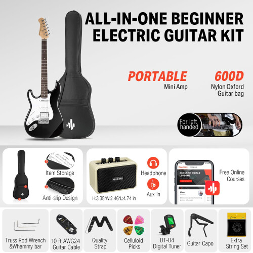 Donner, Inch, Left-Handed, Electric, Guitar, Solid, Body, Black, Lefty, Beginner, Full-Size, Amplifier 1