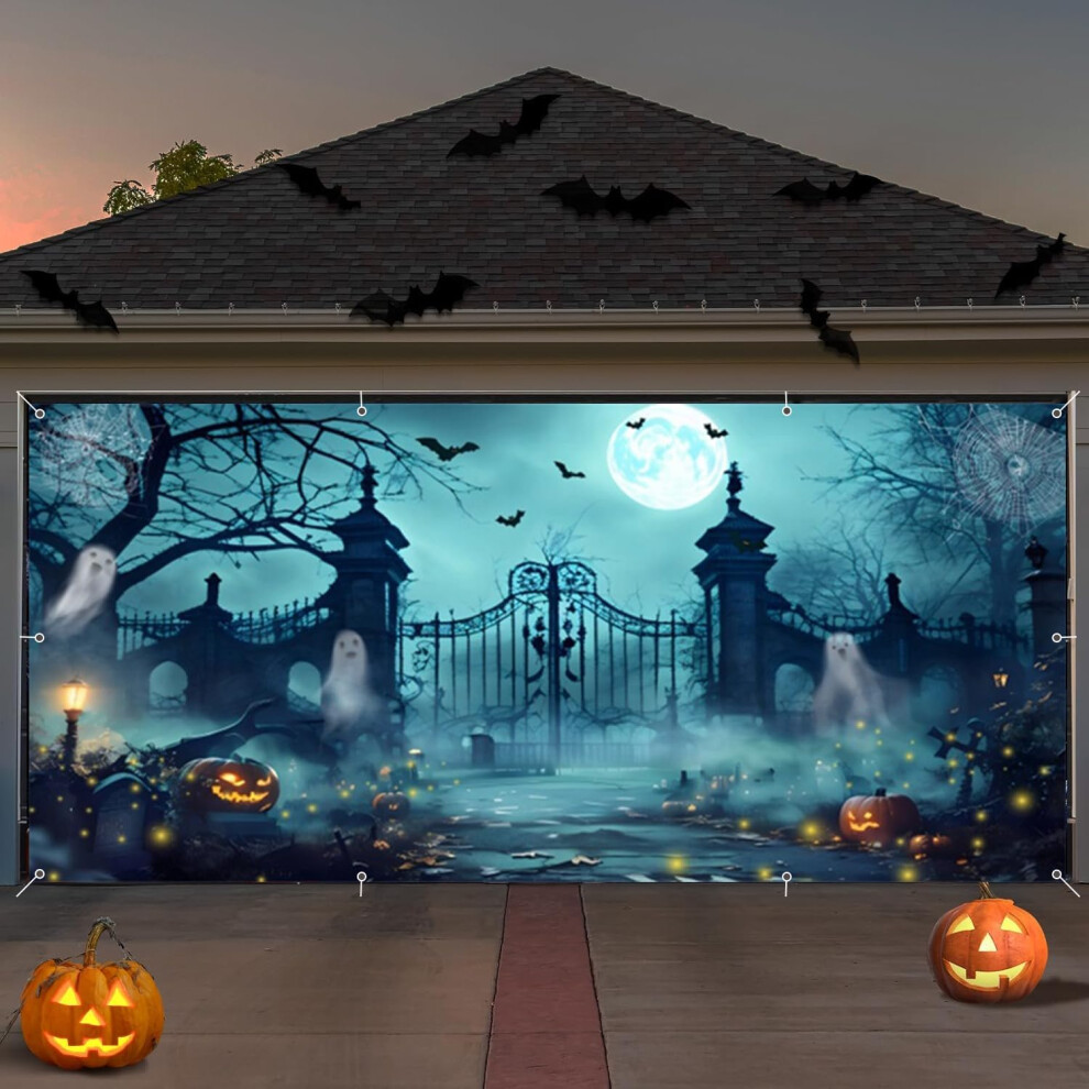 7x16ft Spooky Halloween Garage Backdrop â Cemetery Graveyard Ghost Banner for Outdoor Decor-image-OPC-PKFM5SF-NEW