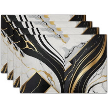 Set of 4 Black & White Marble - Look Placemats - 12x18in Heat - Resistant Washable Linen - Like Cloth Mats for Farmhouse Kitchen Holiday Party & Dinin