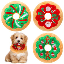 3-Pack Christmas Donut Dog Toys, Squeaky Plush Chew Toys with Soft Fabric, Stuffed Interactive Toys for Aggressive Chewers, Christmas Pet Gifts for Pu