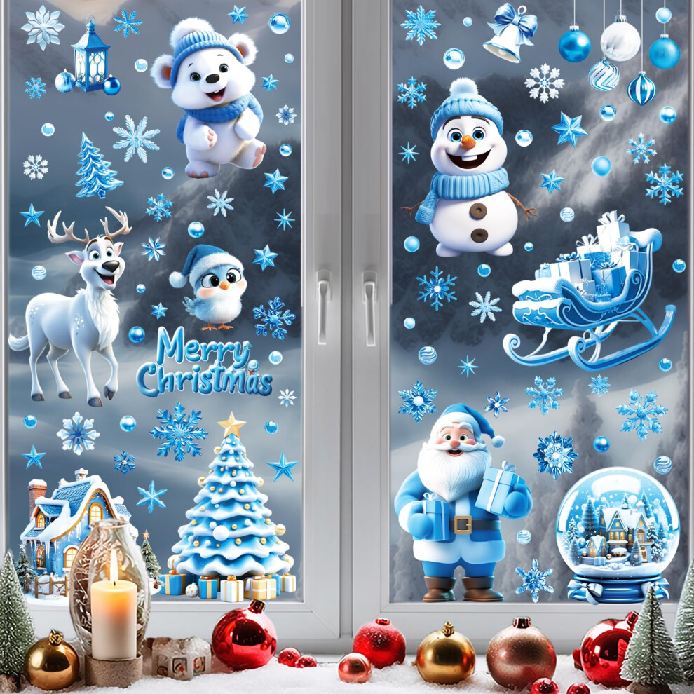 110Pcs 3D Christmas Window Clings, Snowflakes & Festive Characters Window Decals, Static Stickers for Glass Windows, Holiday Winter Decorations for Ho