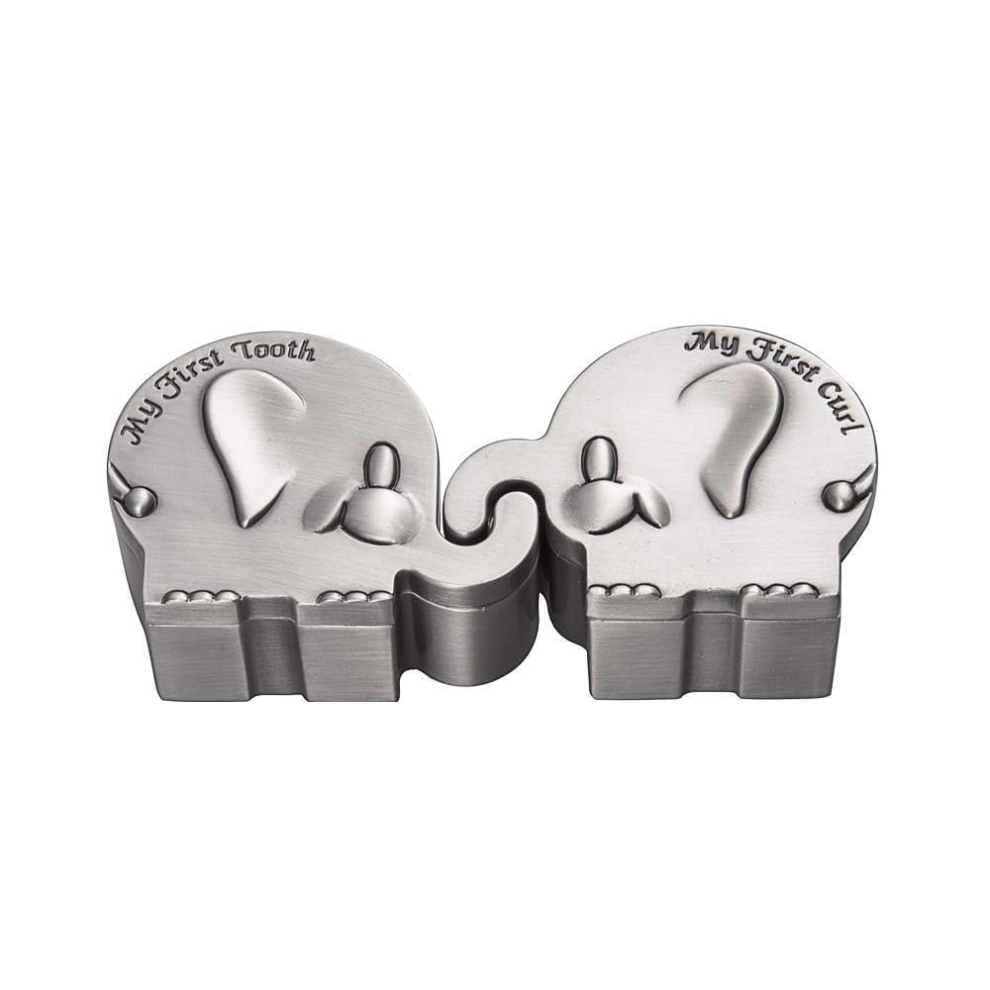 1 pair Kids First Curl and Tooth Keepsake Box, Engraved Elephant - shaped Gift for Christening, Newborn Shower, Birthday, Metallic, 2.4 x 1.6 x 1.2 in