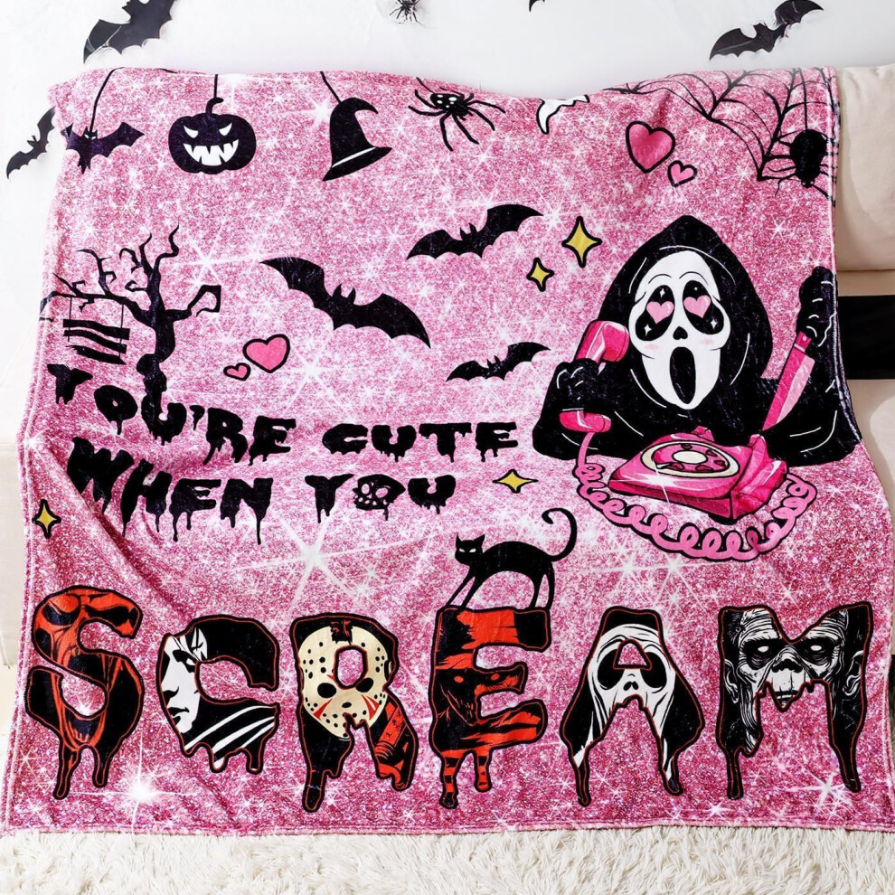 Pink Halloween Blanket - Ultra Soft Ghost Flannel Throw, 50X60 Inches | Lightweight Plush & Cozy | Spooky Movie Night Essential | Halloween Decor For 7906601413498