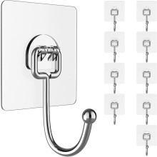 Heavy Duty Adhesive Hooks (10 Pack) - No Drilling, Removable, Transparent, Traceless Wall Hooks | Waterproof & Rustproof | Ideal for Bathroom, Kitchen