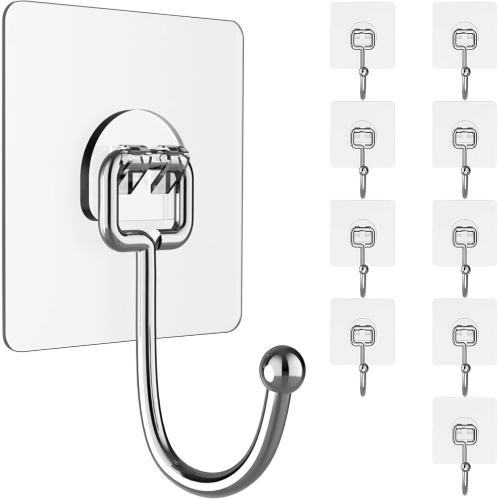 Heavy Duty Adhesive Hooks (10 Pack) - No Drilling, Removable, Transparent, Traceless Wall Hooks | Waterproof & Rustproof | Ideal for Bathroom, Kitchen