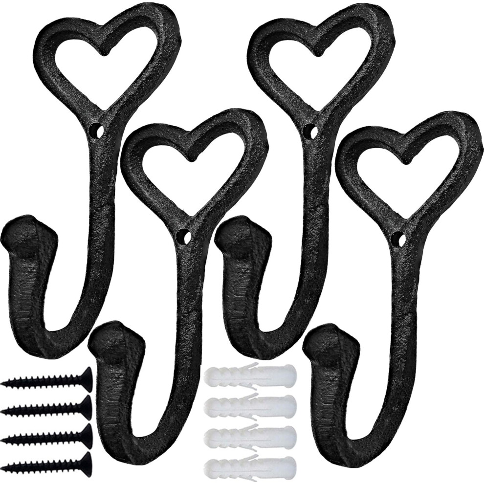Heavy-Duty Cast Iron Coat Hooks, 4-Piece Heart-Shaped Design, Black Rust-Resistant Hangers for Scarves, Bags, Towels, Keys, Hats, Cups - Multi-Purpose-image-OPC-PKFM6Q2-NEW
