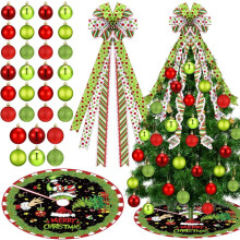 Christmas Tree Decor Set  Lime Green & Red Polka Dot Bow Topper + 32  Pcs Hanging Ball Ornaments