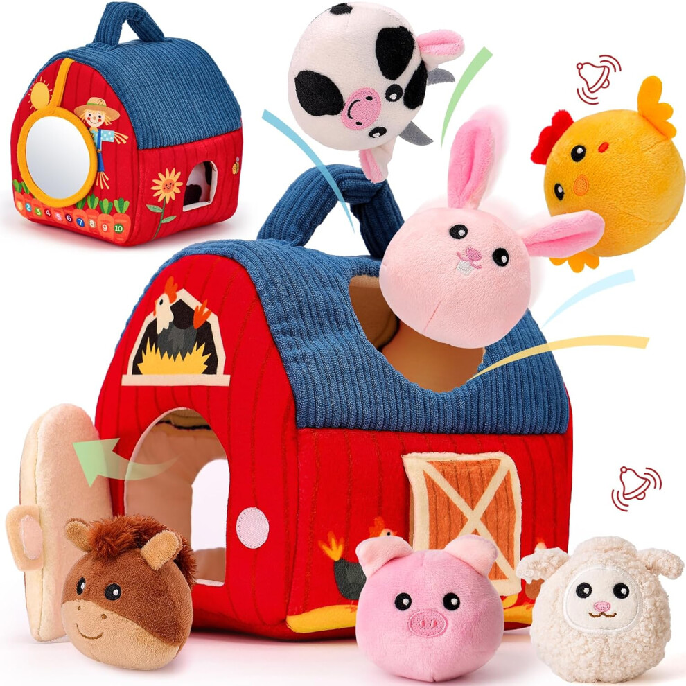 Montessori Surprise Barn Baby Toy Stuffed Farm Animals + Rattle/Crinkle/Mirror for 6-12 Months - Sensory Play for 1-3 Years Toddlers, 1st Birthday Gif