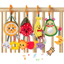 4 - Pack Fruit Hanging Rattle Toys 3-12 Months Stroller Mobile for Infants - Avocado/Banana/Orange/Strawberry Plush Soft Rattles, Christmas Gift for