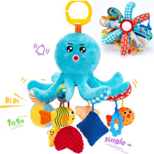 Octopus Car Seat Toy 0-6 Months Newborn Sensory Development - Pull Cords, Squeaky Crinkle Rattle Mirror - Stroller/Carseat Hanging Gift