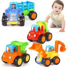 4PCS Friction-Powered Engineering Vehicle Set Inertia Push-and-Go Toy Cars (Tractor/Bulldozer/Dumper/Cement Mixer) - Early Educational Gift for Toddle