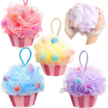 4 Pack Cartoon Cupcake Bathtub Loofah Sponges - Soft Mesh Body Scrubbers for Exfoliating, Bath & Shower - Perfect for Exchanges, Birthdays & Parties