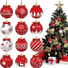 12-Piece Red & White Christmas Ball Wooden Ornaments Set - Festive Winter Hanging Decor with Santa, Reindeer & Snowflake Designs for Christmas Tree