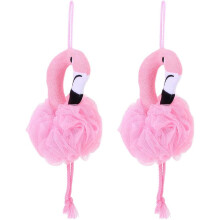 2 packs of Flamingo Loofah Sponge - mesh bath balls and body scrub for exfoliation, with mesh pad design, bath sponge and loofah towel, men's and wome