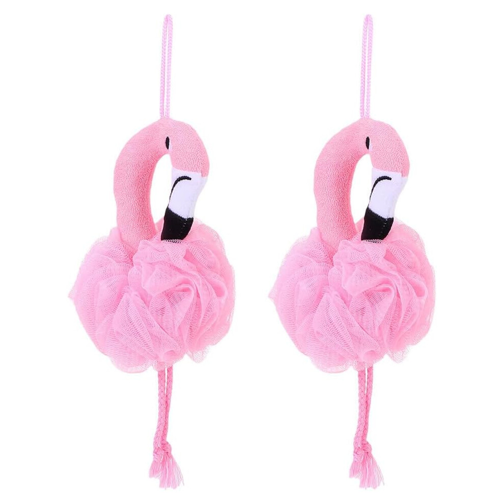 2 packs of Flamingo Loofah Sponge - mesh bath balls and body scrub for exfoliation, with mesh pad design, bath sponge and loofah towel, men's and wome