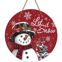 12 Inch Christmas Wooden Door Sign with Hanging Rope - Winter Themed Decoration with Snowman, Snowflakes & Cardinal, Red Circular Door Hanger for Indo