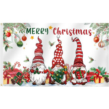Christmas Happy Banner 3x5 Ft Double Sided, Winter Holiday Decoration with Pine Tree & Christmas Gift & Gnome, Outdoor Banner with Brass Grommets for