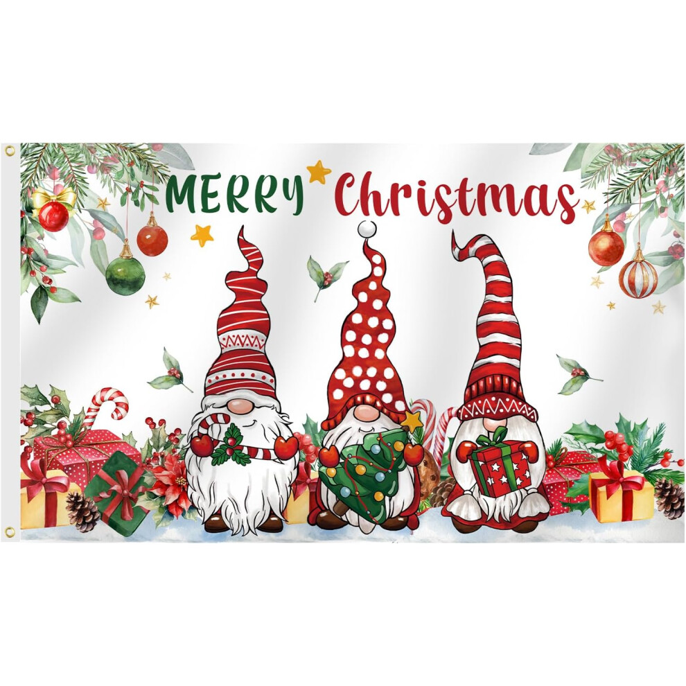 Christmas Happy Banner 3x5 Ft Double Sided, Winter Holiday Decoration with Pine Tree & Christmas Gift & Gnome, Outdoor Banner with Brass Grommets for