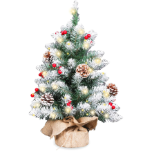 2FT Mini Pre - lit White Tabletop Christmas Tree Flocking Snow Frost Tips, Berries & Burlap - Wrapped Wood Base Ideal for Holiday Home Decor