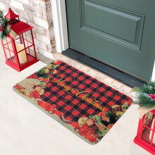 Christmas Door Mat, Red and Black Plaid - 32"x20" Non-Slip Washable Seasonal Mat with Christmas Tree Design, Low-Profile Indoor & Outdoor Mat for Holi