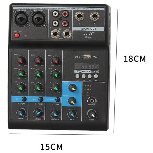 Mixer de áudio Bluetooth de 4 canais, console de DJ com efeito de reverberação 2