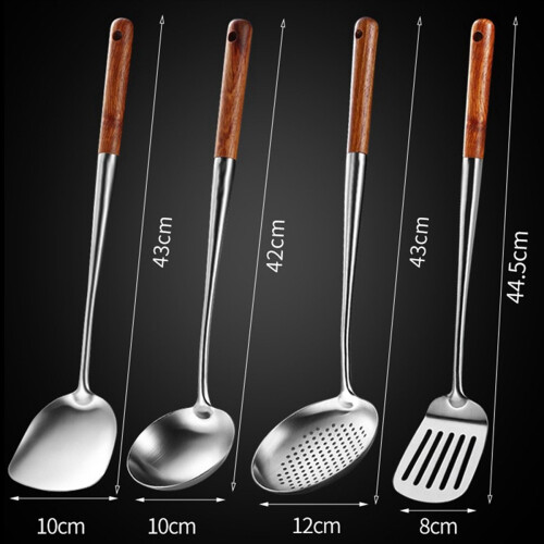 Long Handle Stainless Steel Wok Spatula Kitchen Slotted Turner Set 2