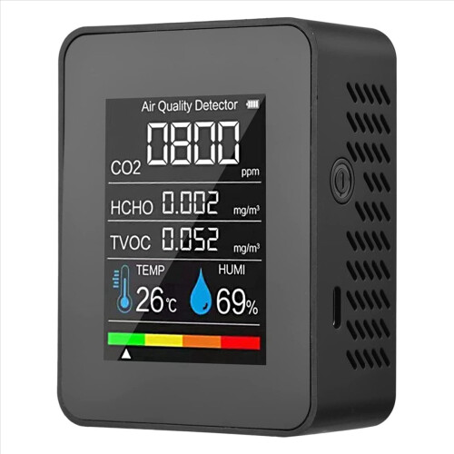 2X 5 in 1 Luchtkwaliteitsmonitor, USB oplaadbare CO2-detector Zwart 1