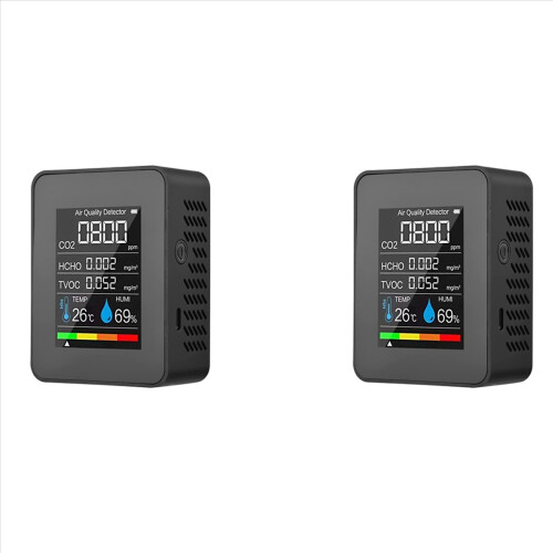 2X 5 in 1 Luchtkwaliteitsmonitor, USB oplaadbare CO2-detector Zwart