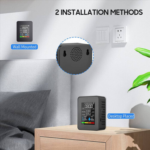 2X 5 in 1 Luchtkwaliteitsmonitor, USB oplaadbare CO2-detector Zwart 2