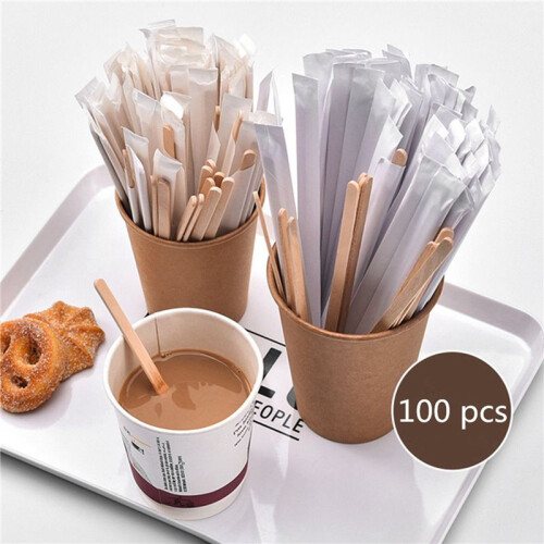 100 unidades de palitos para mexer café de 5,5 polegadas - madeira natural ecológica 2