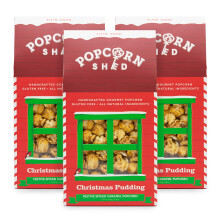 Popcorn Shed 3 x Santa's Gourmet Popcorn Sheds, Christmas Pudding Flavoured Popcorn 3 x 80g, Popcorn Gift, Pack of 3, Red, Christmas Snack