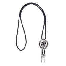 Leather Cowboy Necktie with Metal Flower Stone Pendant Western