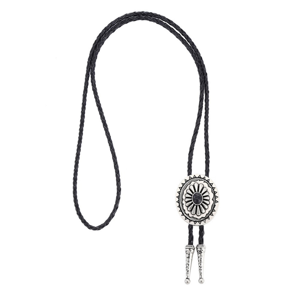 Leather Cowboy Necktie with Metal Flower Stone Pendant Western