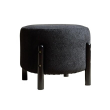 Living Room Low Stools Round Seat Ottoman Footrest, Teddy Plush Shoe Bench with Wooden Legs, Comfy Couch Step Stool in Nero