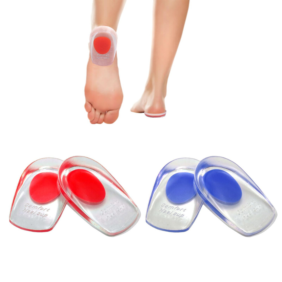 Gel Heel Pads for Plantar Fasciitis, 2 Pairs Heel Cups, Blue and Red Gel Insoles for Heel Pain Relief and Support