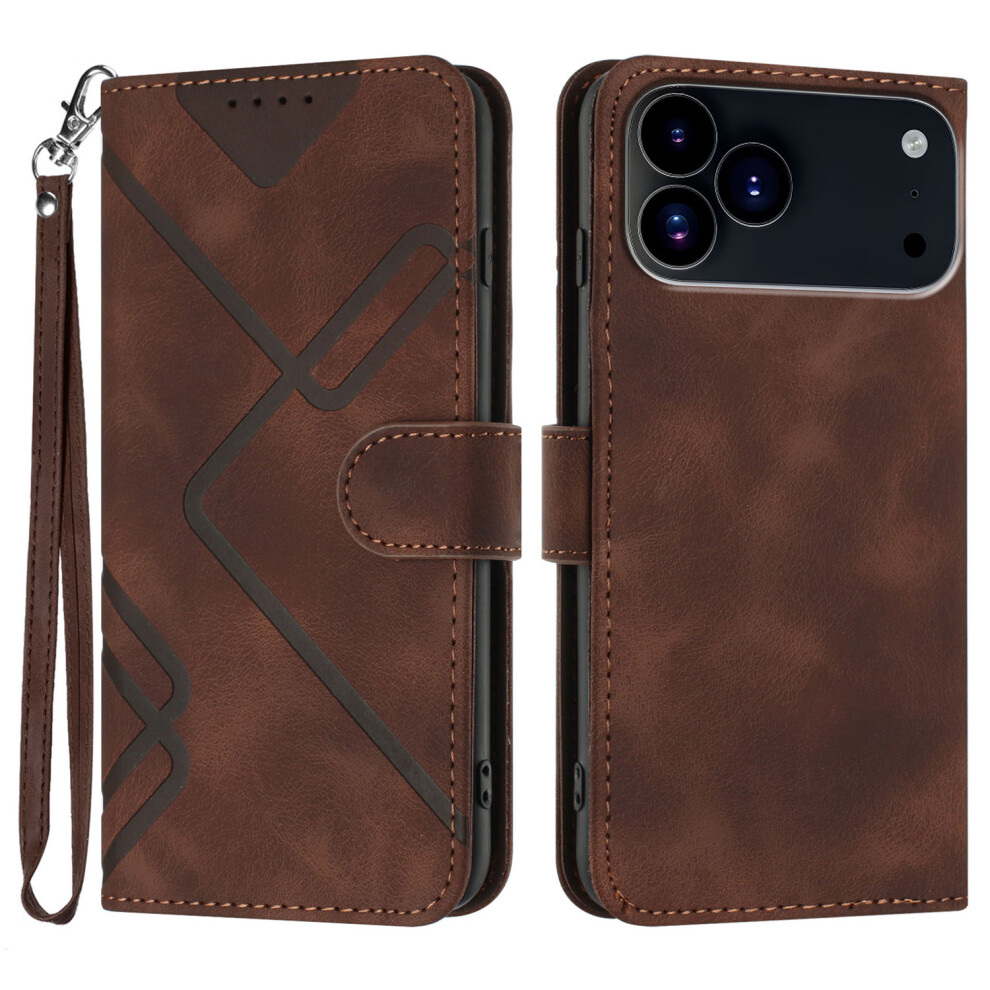 (Brown) For Iphone 17 Pro Max Wallet Case Line Imprinted Pu Leather Phone Cover With Strap Brown 6914282318170